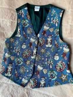 Vintage Bobby Brooks Christmas Holiday Vest With Festive Embroidery - Vintage Button Up Vest, Ties In Back - Size XL - See Measurements