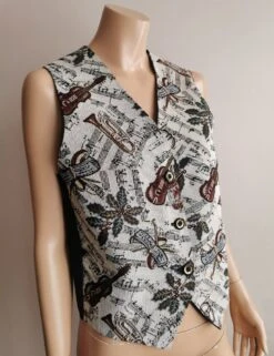 VINTAGE 90s Tapestry Style Christmas Vest Classic Music Notes Symphony Holly Winter Yule Musical Sleeveless Button Down Waistcoat Top V Neck -Jewellery Soldes Boutique il fullxfull.3546908236 amjk