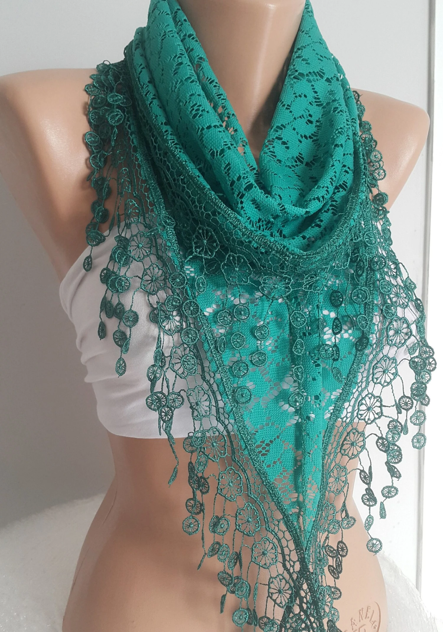 Emerald Lace Scarf Unique Gifts For Women Triangle Wrap Shawl For Her Girlfriend Gift Christmas Gift Autumn Shawl Bohemian Scarf Fashion 6 Emerald Lace Scarf Unique Gifts For Women Triangle Wrap Shawl For Her Girlfriend Gift Christmas Gift Autumn Shawl Bohemian Scarf Fashion - Image 4