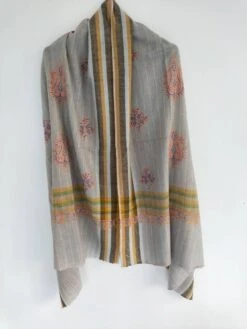 Sozni Embroidered Striped Checkered Multicolor Handmade Cashmere Shawl, Wedding Shawl, Anniversary Wrap, Christmas Gift, Girl Friend's Gift.