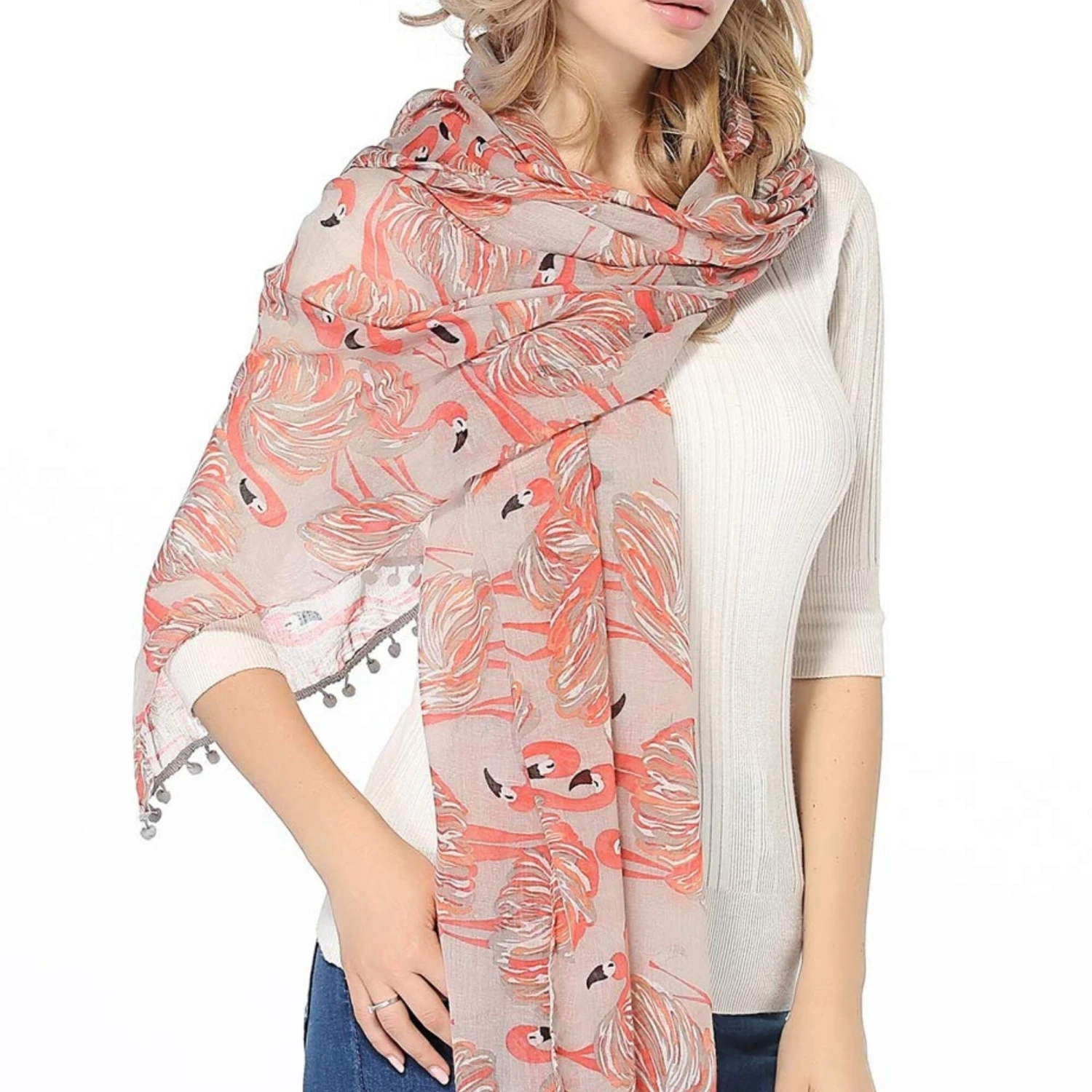 Personalized Flamingo Scarf, Gifts For Her, Bird Print Scarf, Pink Flamingo Scarf, Womens Flamingo Gifts, Pom Pom, Christmas Gifts For Woman 4 Personalized Flamingo Scarf, Gifts For Her, Bird Print Scarf, Pink Flamingo Scarf, Womens Flamingo Gifts, Pom Pom, Christmas Gifts For Woman - Image 2