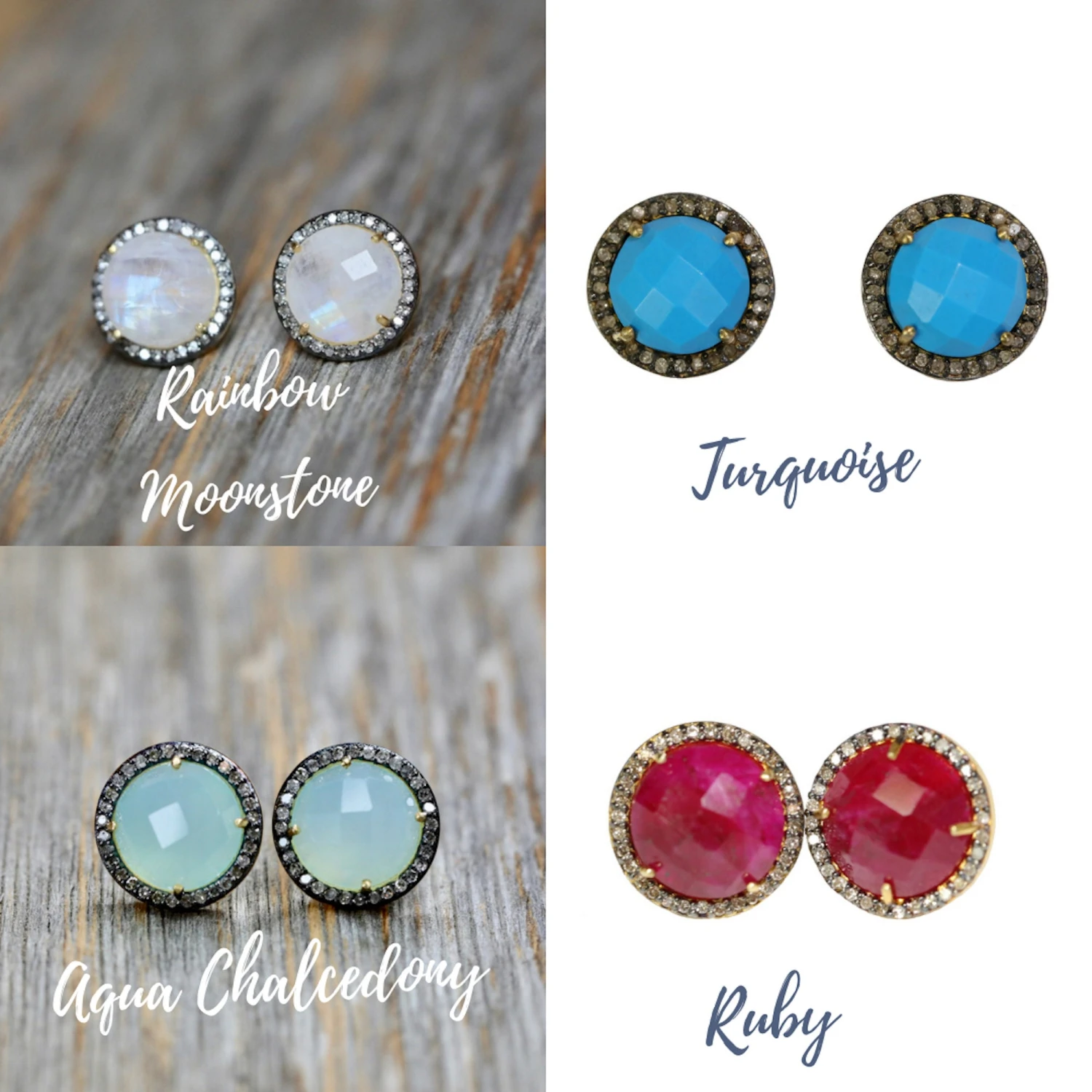 Genuine Pave Diamond Round Gemstone Stud Earrings*Large Turquoise/Moonstone/Aqua Chalcedony/Ruby*Gift Idea Holiday*Christmas*Unisex 8 Genuine Pave Diamond Round Gemstone Stud Earrings*Large Turquoise/Moonstone/Aqua Chalcedony/Ruby*Gift Idea Holiday*Christmas*Unisex - Image 6