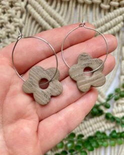 Daisy Flower Earrings Polymer Clay, Natural Look, Handmade Jewellery, Faux Wood, Christmas Gift For Her