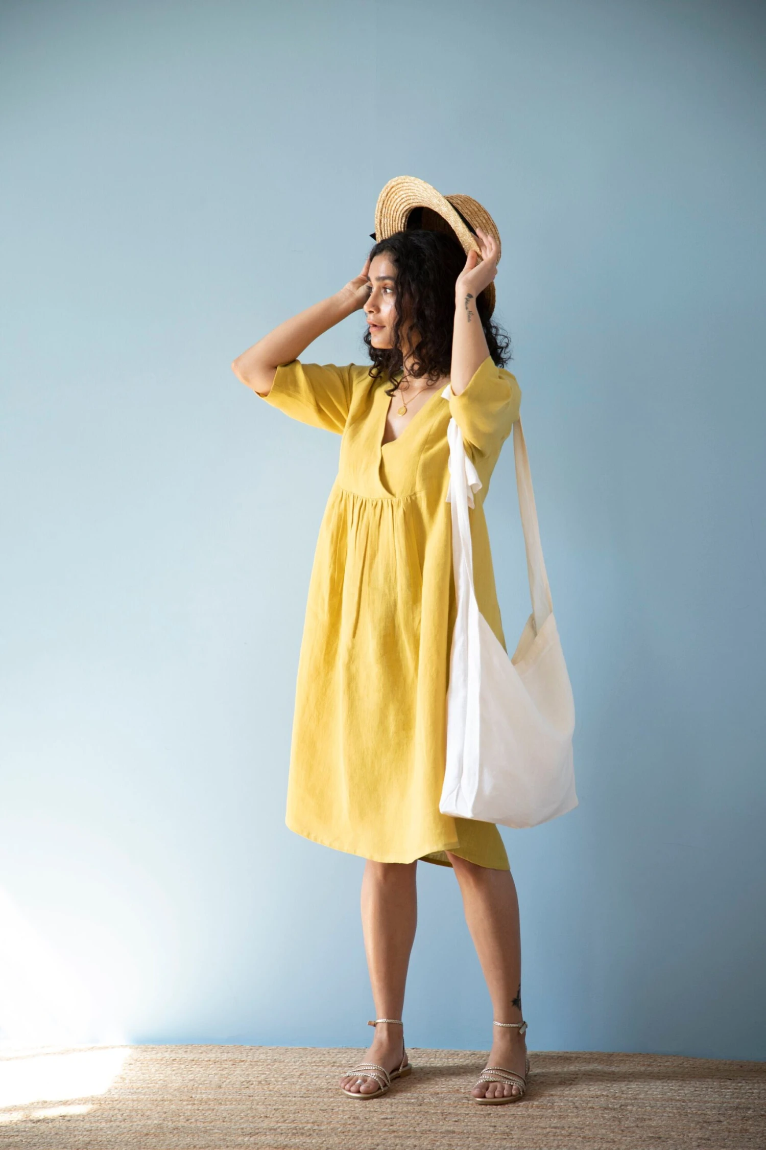 Yellow Women Dress/ 100% Linen/ Tea Length Dress/ V-neck With Front Pleated Pattern/ Maternity Dress/ Christmas Gift For Her/ Mom/Wife 5 Yellow Women Dress/ 100% Linen/ Tea Length Dress/ V-neck With Front Pleated Pattern/ Maternity Dress/ Christmas Gift For Her/ Mom/Wife - Image 3