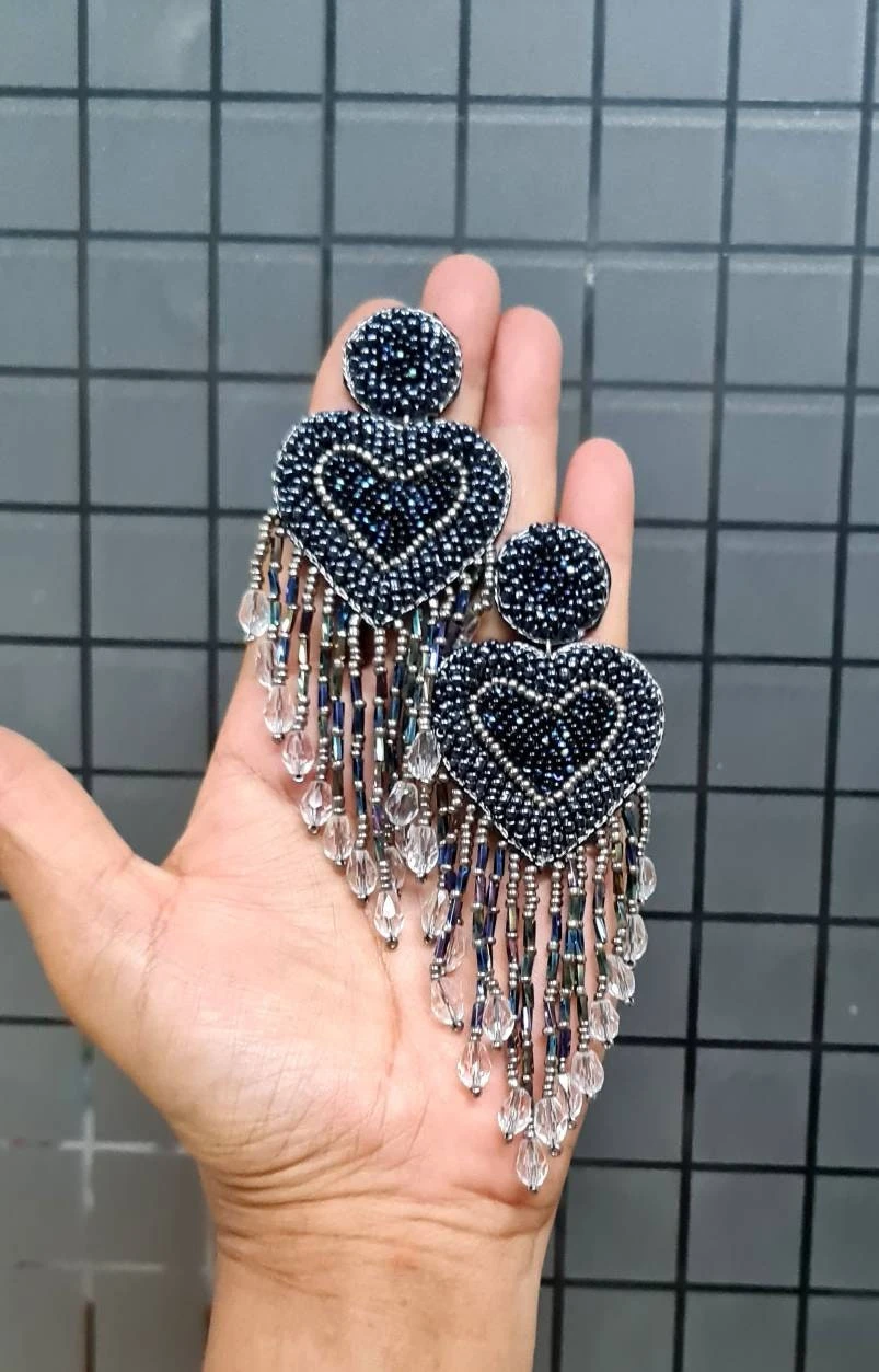 Luxe Statement Navy Blue Beaded Heart Fringes Long Earrings,heart Earrings,sparkling Grey Navy Blue Heart Earrings,Christmas Heart Earrings 3 Luxe Statement Navy Blue Beaded Heart Fringes Long Earrings,heart Earrings,sparkling Grey Navy Blue Heart Earrings,Christmas Heart Earrings