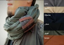 Scarf, Men's Gray Cotton Snood Scarf And Leather Cuff, Modern And Dandy Style, Gift For Him, Christmas Gift For Men.