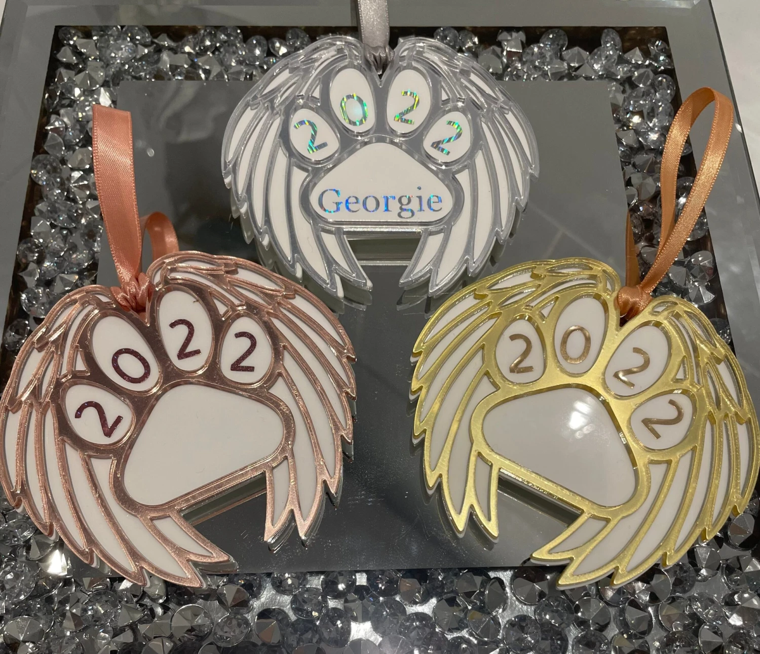 Personalised Pet Memorial Bauble, Mirrored Wing Paw Ornament, Christmas Tree Ornament, Christmas Gift, Rememberance Bauble. 4 Personalised Pet Memorial Bauble, Mirrored Wing Paw Ornament, Christmas Tree Ornament, Christmas Gift, Rememberance Bauble. - Image 2