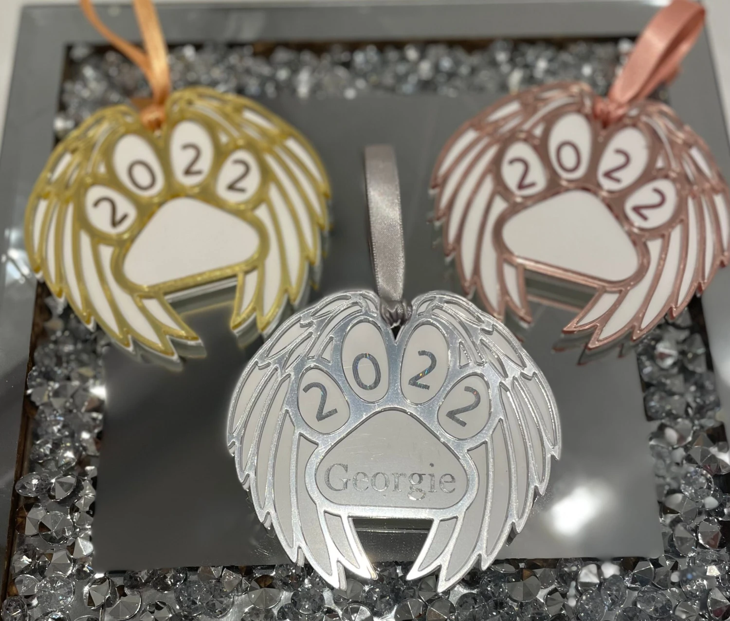 Personalised Pet Memorial Bauble, Mirrored Wing Paw Ornament, Christmas Tree Ornament, Christmas Gift, Rememberance Bauble. 7 Personalised Pet Memorial Bauble, Mirrored Wing Paw Ornament, Christmas Tree Ornament, Christmas Gift, Rememberance Bauble. - Image 5