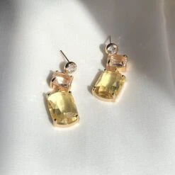 Citrine Statement Earrings Gifts For Women Mom, Gold Plated Circle Stud Clear Gemstone Champagne Drop Dangle Unique Christmas Earrings Set