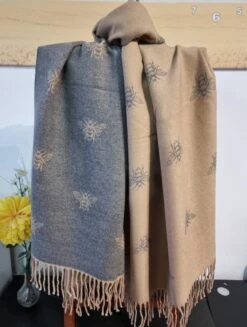 Camel And Grey Colour Soft Ladies Bee Print Thick Pashmina Tassel Scarf Christmas Gift - Fast Delivery