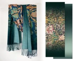 William Morris Gradient Honeysuckle Floral Shawl Reversible Green Blue Cashmere Feel Fringe Scarf Christmas Birthday Gift For Her
