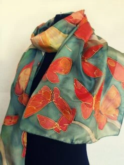 Hand Painted Silk Scarf- Flaming Butterfly, Woman Fashion, Green Silk Scarf, Bright Silk Shawl Unique Handmade Gift Christmas Gift Mom