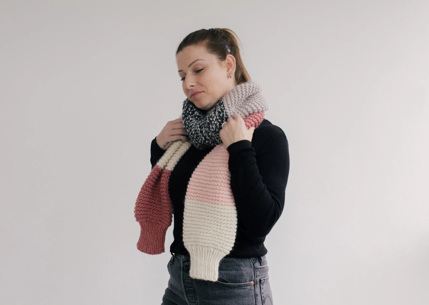 Knit Wool Scarf, Christmas Gift, Stocking Filler For Her, Hand Knit Scarf, Colour Block Scarf, Knit Neck Warmer, Pink Scarf, Soft Knit Scarf 3 Knit Wool Scarf, Christmas Gift, Stocking Filler For Her, Hand Knit Scarf, Colour Block Scarf, Knit Neck Warmer, Pink Scarf, Soft Knit Scarf