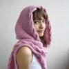 Hand Knit Pink Wool Hooded Cable Long Scarf, Woman Fashion Trends, Autumn Gifts, Knit Scarf, Outdoors Gift, Christmas Gifts, Gift For Her