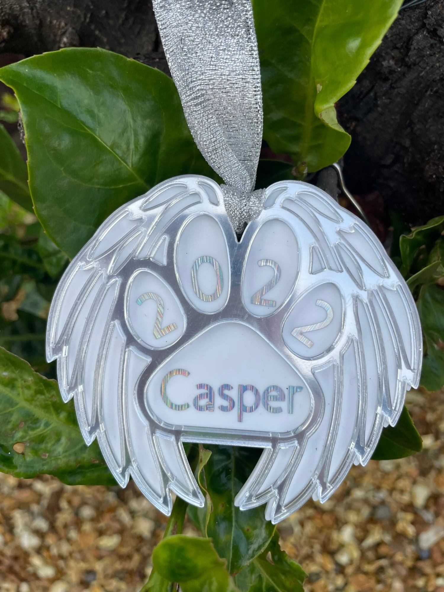 Personalised Pet Memorial Bauble, Mirrored Wing Paw Ornament, Christmas Tree Ornament, Christmas Gift, Rememberance Bauble. 3 Personalised Pet Memorial Bauble, Mirrored Wing Paw Ornament, Christmas Tree Ornament, Christmas Gift, Rememberance Bauble.