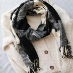 Black And White Plaid Large Women's Winter Scarf | Pashmina | Gifts For Her | Evening Shawl | Bridesmaid Scarf| Christmas Gifts For Her