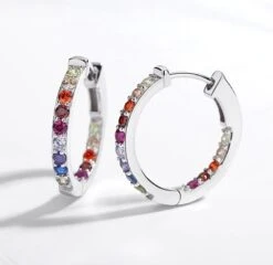 Silver Rainbow Earrings • 925 Sterling Silver • Rainbow Colorful Huggies • Multicolored Hoops • Multi Gemstone Earrings • Christmas Earrings