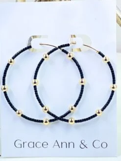 14k Gold Filled Black Beaded Hoop Earrings. Perfect Christmas Gift.