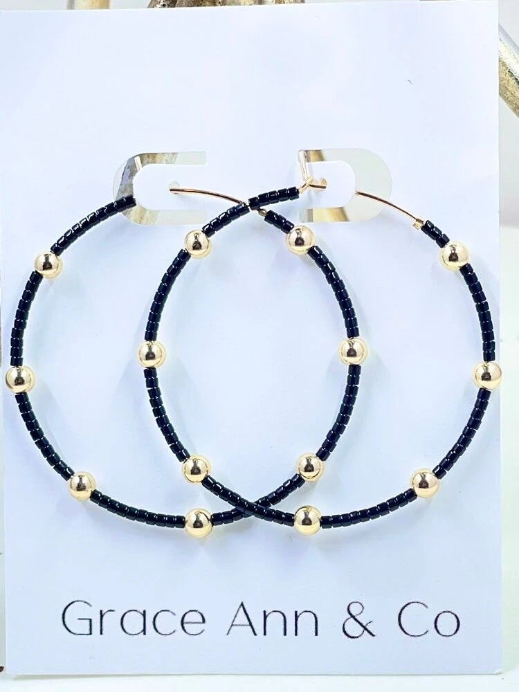 14k Gold Filled Black Beaded Hoop Earrings. Perfect Christmas Gift. 3 14k Gold Filled Black Beaded Hoop Earrings. Perfect Christmas Gift.