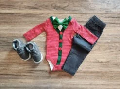 Christmas Red Cardigan Bodysuit With Bow Tie Set. It's Perfect For Winter Photos, Christmas, First Birthday Or As A Coming Home Outfit.