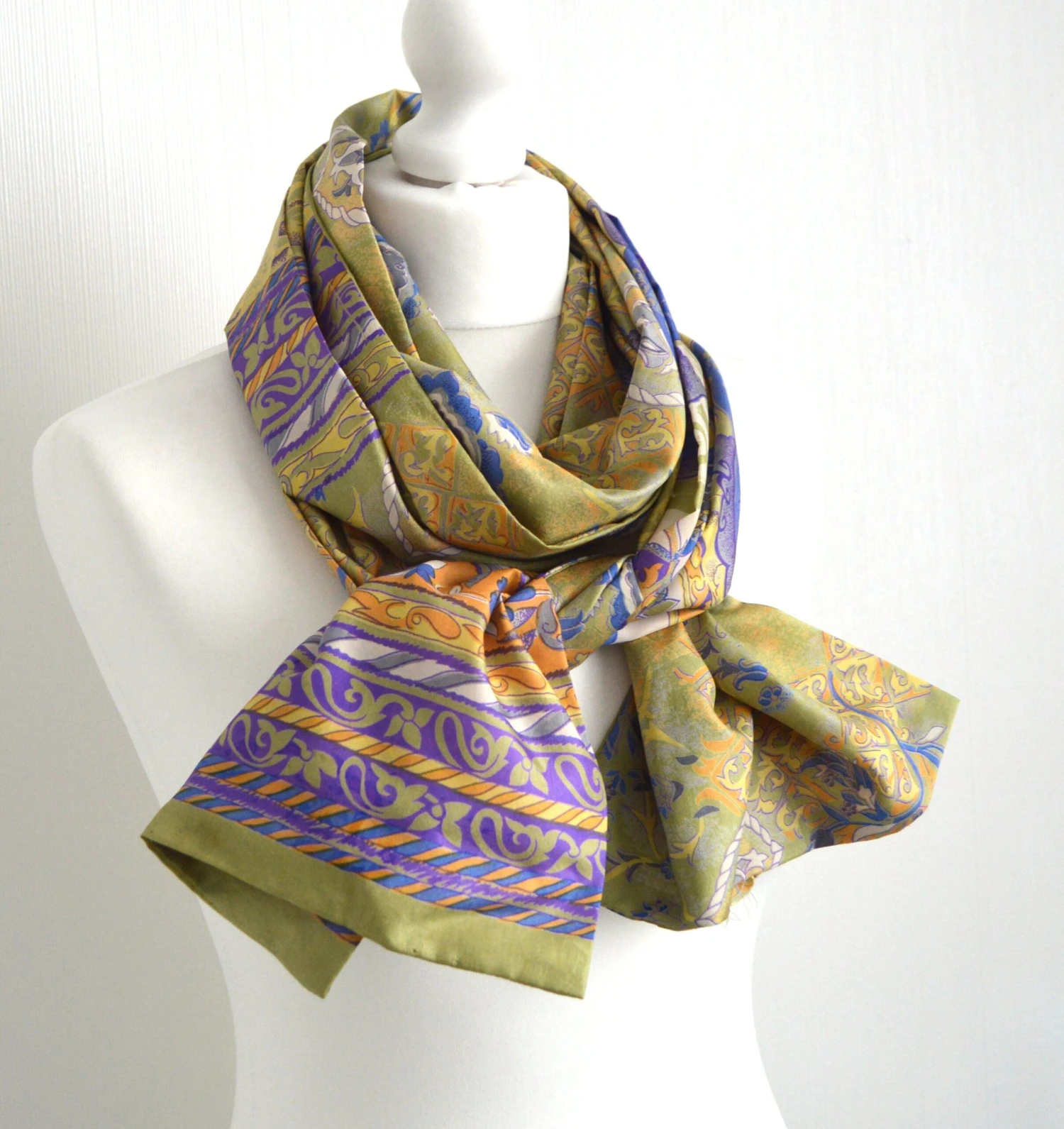 Green Yellow Lilac Upcycled Sari Silk Scarf - Boho Eco Friendly Autumn Fall Winter Womens Silk Scarf - Boho Christmas Best Friend Gift 9 Green Yellow Lilac Upcycled Sari Silk Scarf - Boho Eco Friendly Autumn Fall Winter Womens Silk Scarf - Boho Christmas Best Friend Gift - Image 7