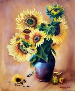 Sunflowers In A Pot. Oil Painting On Canvas. Christmas Gift. New Year Gift. Floral Painting For Living Room. Room Accent. Gift For Her.