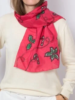 Christmas Silk Scarf Hand Painted Silk Scarf Red Silk Scarf Candy Cane Holy Berry Mistletoe Holly Berry Christmas Gift For Her 53X15 -Jewellery Soldes Boutique il fullxfull.4405275040 irvk