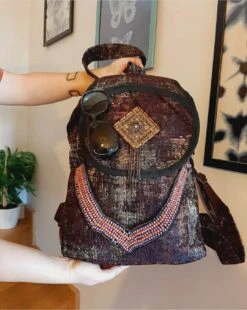 Antique Looking Fabric Large Backpack For Her, Wobble Beaded Accesory Brown Metalic Effect Rucksack, Christmas Gift For Women, New Year
