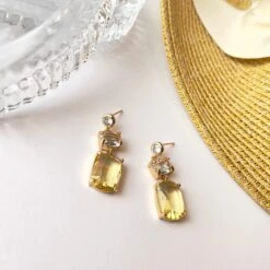 Citrine Statement Earrings Gifts For Women Mom, Gold Plated Circle Stud Clear Gemstone Champagne Drop Dangle Unique Christmas Earrings Set -Jewellery Soldes Boutique il fullxfull.4488980190 100m