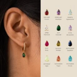 Birthstone Hoop Earrings By Caitlyn Minimalist • Minimalist Gold Hoops With Dangling Gemstone Charm • Christmas Gifts For Daughter • ER117