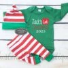 Baby Boys First Christmas Outfit,Customized Name,Red And White Striped Leggings And Hat With Green Cuffs,Baby Boys Christmas Outfit -Jewellery Soldes Boutique il fullxfull.4833457298 65i9