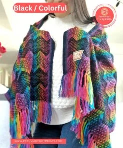 Christmas Gift - Alpaca Shawl Black Rainbow, Beautifully Peruvian Alpaca Scarf, Alpaca Scarf Wrap Shawl Winter, Scarf For Winter