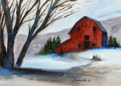 Barn Painting-Landscape Painting-Barn Art PRINT- Barn PRINT- Red Home Decor- Christmas Decoration- Watercolor Painting- Folk Wall Art Red