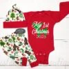 My First Christmas Outfit, Baby Boy, Personalized Red Bodysuit, Retro Reindeer Christmas Leggings & Hat, 1st Christmas Outfit,Christmas Gift
