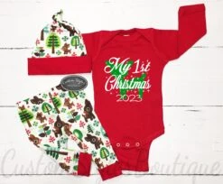 My First Christmas Outfit, Baby Boy, Personalized Red Bodysuit, Retro Reindeer Christmas Leggings & Hat, 1st Christmas Outfit,Christmas Gift