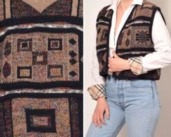 Size 12 | Grandma Style Acrylic Sweater Vest | Open Front V Neck Knitwear Vest Beige Dark Blue Ikat Bohemian Scandinavian Christmas Vest XL