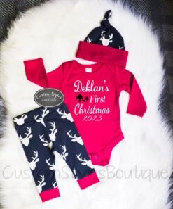 Baby Boys First Christmas Outfit, Customized Name, Long Sleeve Red Bodysuit, Deer Pants & Hat, Baby Boy 1st Christmas Outfit,Hospital Outfit