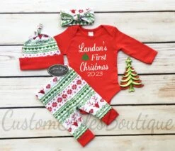 Gender Neutral First Christmas Outfit, Red Infant Bodysuit, Red And Green Leggings, Hat And Headband With Red Cuffs, Baby's 1st Christmas