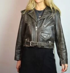 90s Biker Leather Jacket, Distressed Black Genuine Quality Leather Women's Crop Vintage Coat, Oversized Jacket, Boxy, Belt, Christmas Gifts