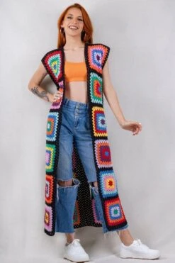 Granny Square Long Vest For Women, Festival Outfit Granny Square Crochet Vest, Crochet Patchwork Vest, Crochet Sweater Vest, Christmas Gift
