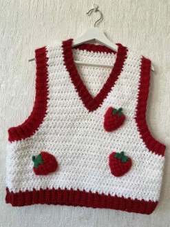 Crochet Strawberry Vest, White Knit Vest, Gift For Christmas