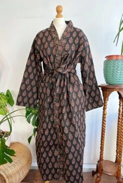 Quilted Unisex Pure Cotton Reversible Long Autumn Winter Dressing Kimono Robe | Classic Black Red Mughal Motif Stripe | Christmas Love Gift -Jewellery Soldes Boutique il fullxfull.5240827576 nbfe