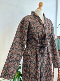 Quilted Unisex Pure Cotton Reversible Long Autumn Winter Dressing Kimono Robe | Classic Black Red Mughal Motif Stripe | Christmas Love Gift -Jewellery Soldes Boutique il fullxfull.5240827592 es6v