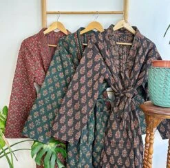 Quilted Unisex Pure Cotton Reversible Long Autumn Winter Dressing Kimono Robe | Classic Black Red Mughal Motif Stripe | Christmas Love Gift