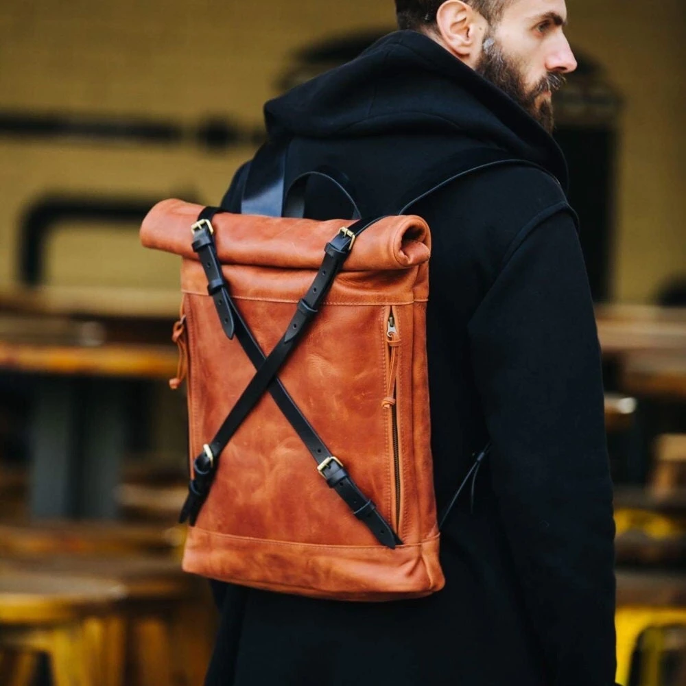 Computer Backpack For Men Leather Roll Top Backpack Bag Leather Rucksack Christmas Gift 6 Computer Backpack For Men Leather Roll Top Backpack Bag Leather Rucksack Christmas Gift - Image 4
