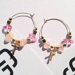 Gold Cross Earrings Boho Hoop Earrings Pink Natural Gemstone Earrings Crystal Jewelry For Her October Birthstone Charms Christmas Gift