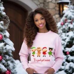 Good Girl Season Sweatshirt Funny Text Jumper Humorous Pull Over Large Graphic Top Bold Crew Neck Sweater Christmas Outfits Shirt Cosy Top