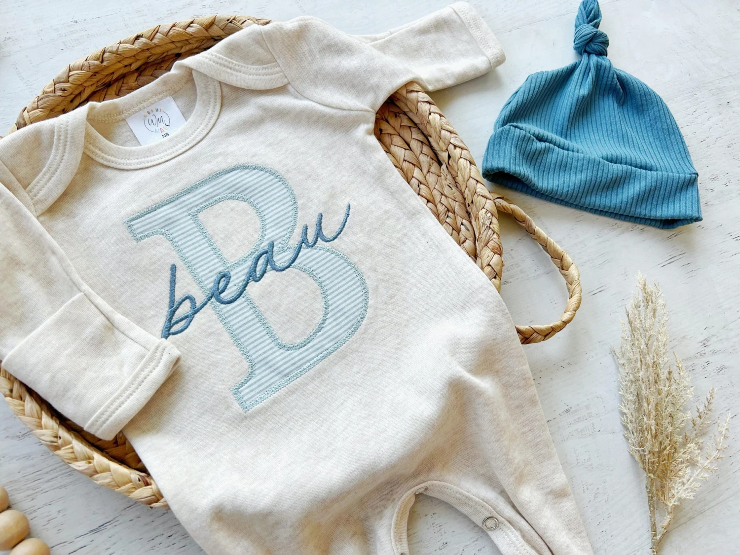 Personalized Neutral Baby Romper And Hat Set, Custom Infant Boy Coming Home Outfit, Baby Shower Gift, Sleeper With Footies Blue Christmas 3 Personalized Neutral Baby Romper And Hat Set, Custom Infant Boy Coming Home Outfit, Baby Shower Gift, Sleeper With Footies Blue Christmas