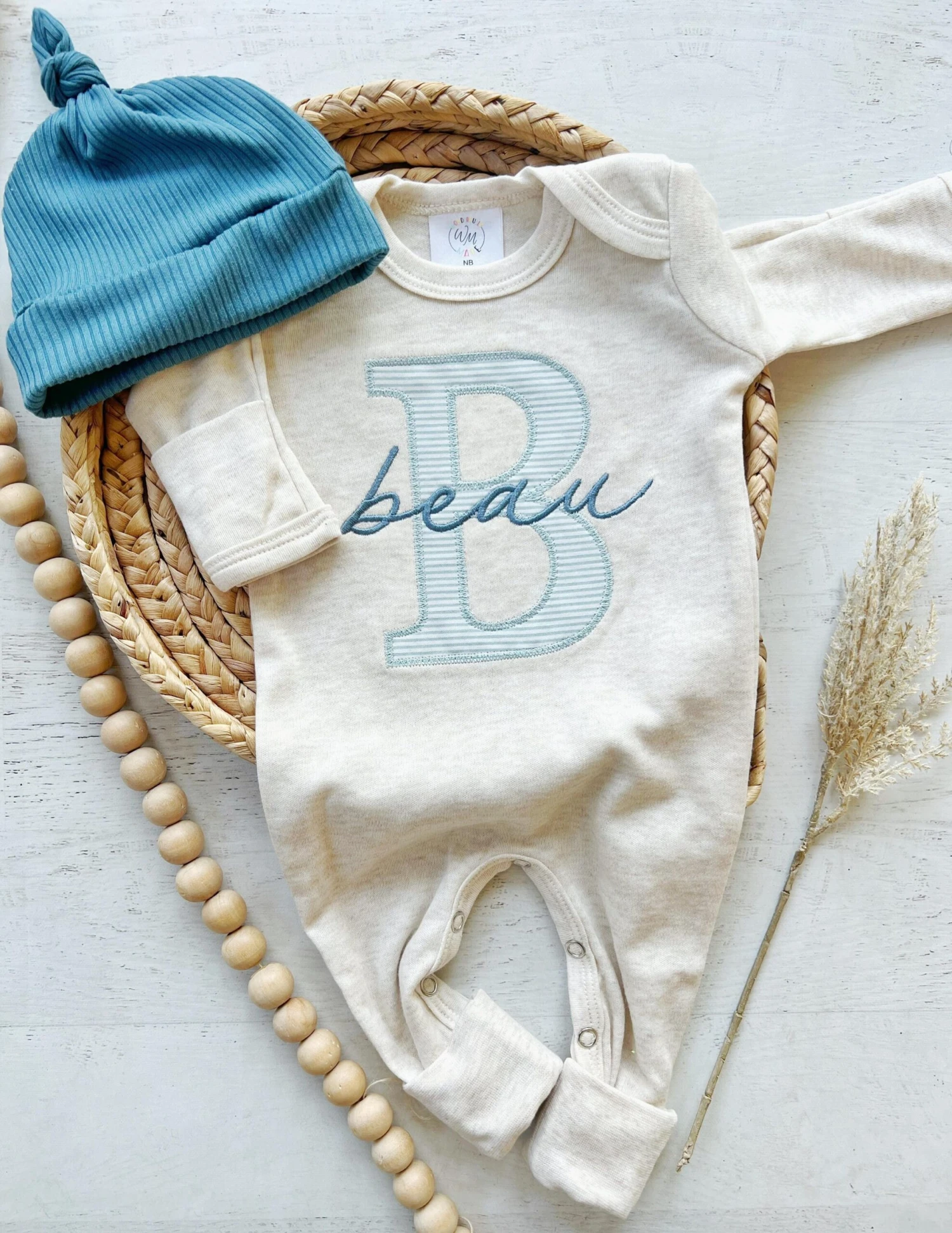 Personalized Neutral Baby Romper And Hat Set, Custom Infant Boy Coming Home Outfit, Baby Shower Gift, Sleeper With Footies Blue Christmas 5 Personalized Neutral Baby Romper And Hat Set, Custom Infant Boy Coming Home Outfit, Baby Shower Gift, Sleeper With Footies Blue Christmas - Image 3