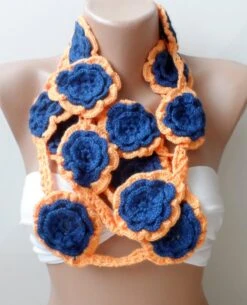 BIG ROSES Crochet Necklace Scarf, Lariat Scarf, Tangerina Navy Scarf, Handmade, Christmas Scarf, Valentines Day Scarf, Floral, Navy Scarf -Jewellery Soldes Boutique il fullxfull.537092096 tprv